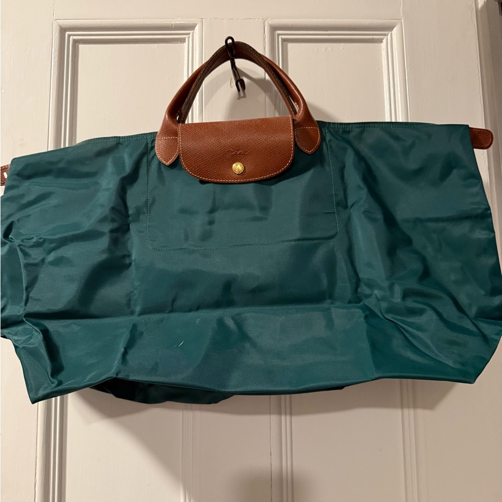 Longchamp Green Travel Bag with Brown Accents